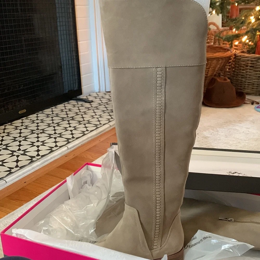 Suede Over-the-Knee Block Heel Boots - Beige